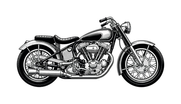 A vintage motorcycle in side profile with bold frame geometry and engraved mechanical detailing, classic poster-style object, black and white