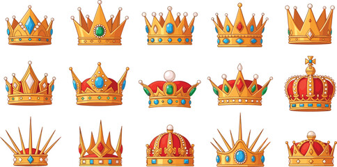 Collection of various golden royal crowns and tiaras with colorful gemstones and red velvet isolated on white background for king and queen. © Shefali