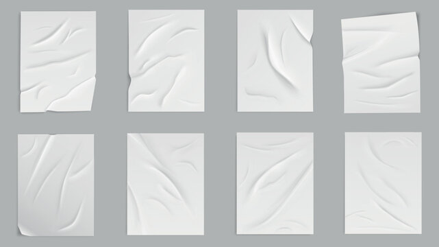 Glued paper wrinkled effect elements set design. Collection with empty white crinkled posters, realistic crumpled adhesive templates, blank creased paper sheets with wet surface. Vector illustration.
