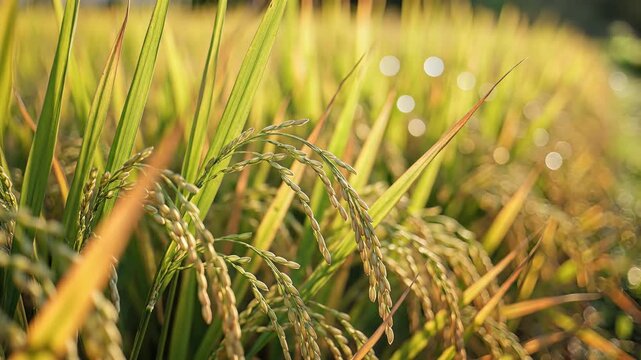 Golden Rice Field at Sunrise with Dew Drops 1.