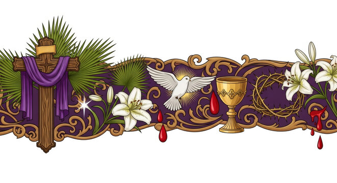 Christian design border with Palm Sunday cross, holy spirit dove, lilies, crown of thorns, and chalice. Religious banner for Easter or Lent.