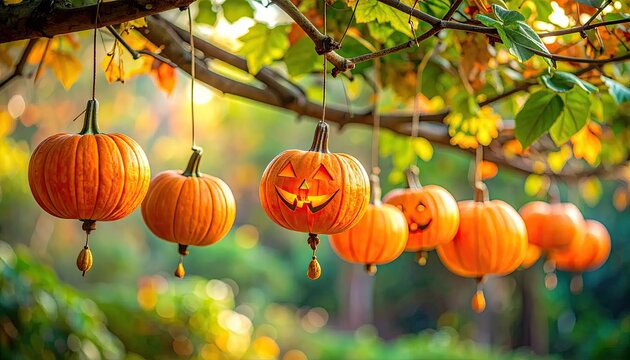 Hanging carved pumpkins with smiling faces in an autumnal outdoor scene