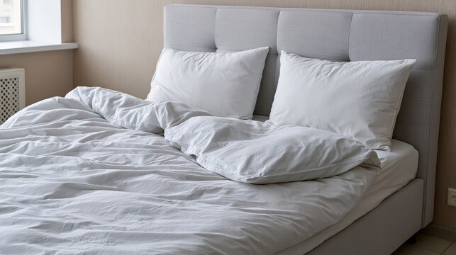 Messy bed with rumpled white sheets and comfortable bedding in a minimalist interior during morning light.