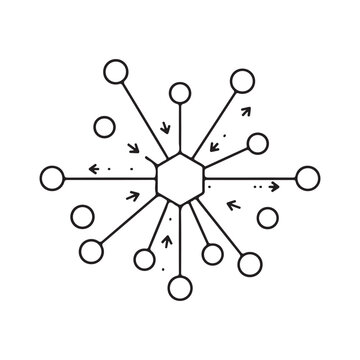 Black line art vector icon of a central hexagon with radiating lines connecting to circles and directional arrows. Representing network connectivity, data distribution, and centralized systems.
