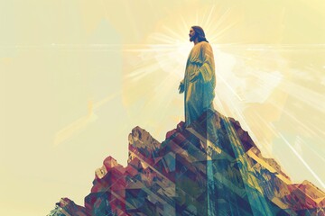 Obraz premium Illustration of Jesus standing on top of a mountain bathed in light. Christian religion concept for Easter and worship. Spiritual guidance.