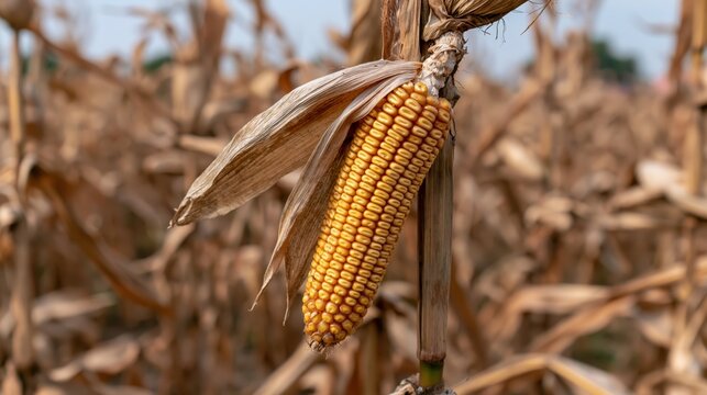 Dry maize cob drooping among weathered stalks in a parched agricultural landscape under bright light.