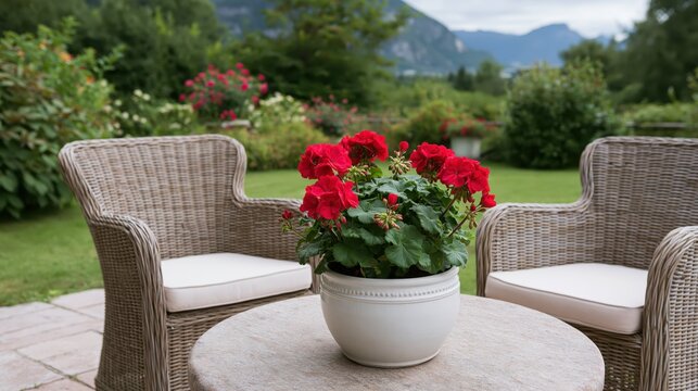 Vibrant red geraniums bloom in a white ceramic pot on a wooden table with wicker chairs on a sunny terrace.