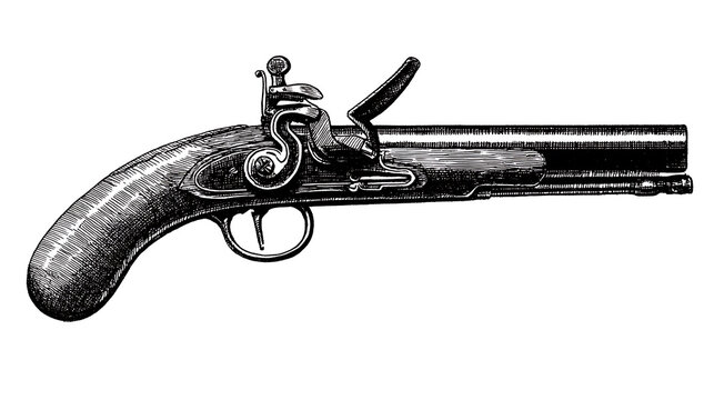 Illustration of a Vintage Muzzleloader Pistol, Historical Handgun Artwork, Classic Firearm Design, Engraving Style Weapon, Antique Gun Art