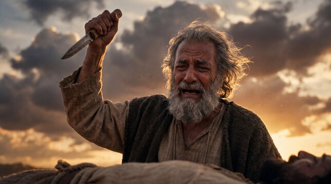 Emotional biblical scene of Abraham crying in anguish while holding a dagger over his son Isaac during the binding sacrifice at sunset under a dramatic cloudy sky representing faith and devotion