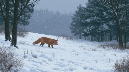 Obraz premium Red fox stalks prey through a thick winter snowstorm in a dense pine forest clearing.