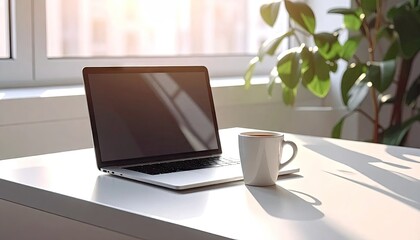 Fototapeta premium Laptop and coffee cup on white table near window with green plant