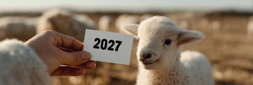 Hand holds card with year 2027 near curious goat. Soft light highlights wooly texture and gentle expression. Lamb gazes calmly while human hand presents future date. Ideal for themes like planning
