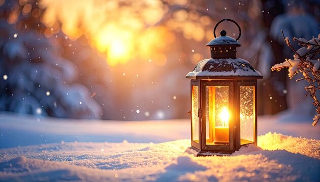 Lantern illuminated in snow with bokeh sunlight winter landscape at dusk