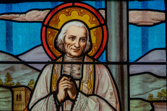 Stained glass (19th century) of Saint John Mary Vianney the Holy priest of Ars. Saint of the Catholic Church.