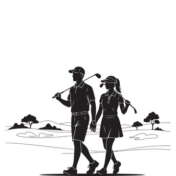 Silhouette vector of a man and woman walking on a golf course with clubs. Ideal for sports lifestyle, outdoor recreation, and couple leisure themes