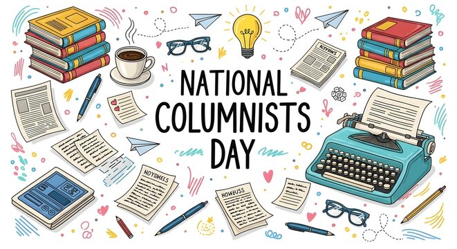 National columnists day celebration background with typewriter, books, and writing supplies