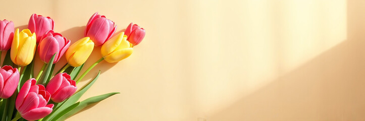 Obraz premium Colorful tulips arranged beautifully in a vase against a warm wall with sunlight streaming in. Fresh tulips add a vibrant touch to decor and create uplifting atmosphere for celebrations.