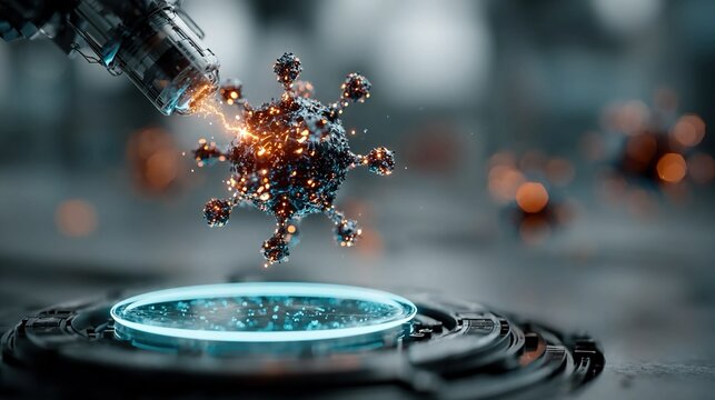 AI-driven nanobot laboratory assistant projecting floating neon holographic molecular models, futuristic nanotechnology research device, concept advanced nanoscale
