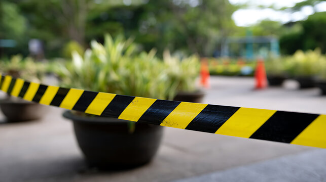 Yellow and Black Warning Tape Defines Restricted Area Outdoors, Suggesting Safety Measures, Hazard, or Closed Access in a Natural Setting