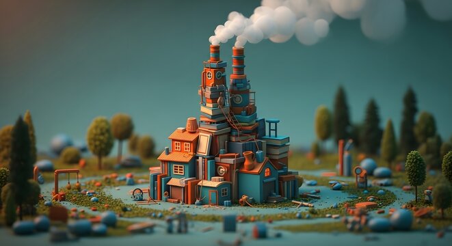 Miniature 3d illustration of a whimsical industrial factory complex in a stylized landscape
