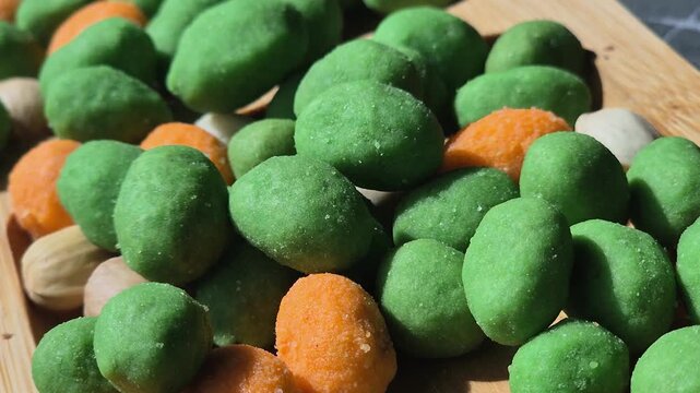 Close-up of roasted peanuts in various flavored glazes