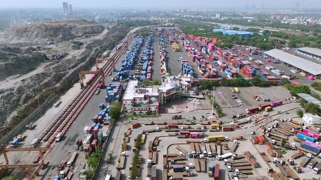 Aerial view of busy container yard in Delhi India 