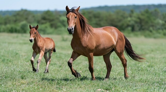 Energetic young horse galloping alongside mother in vibrant grassy meadow during sunny day.