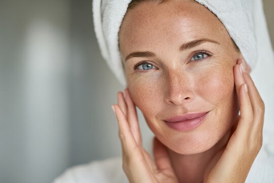 Woman with Towel on Head Touching Face After Skincare Routine