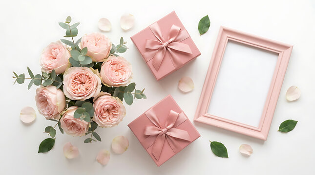 Pink roses bouquet with gift boxes and frame on white background for valentine's day or romantic gift ideas