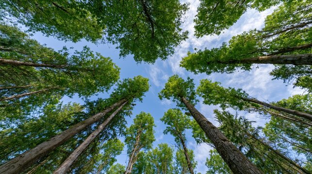 Looking up at lush green tree crowns illuminated by bright sunlight against a clear blue sky in a vibrant summer forest.