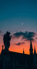 Obraz premium Angel silhouette on a medieval building roof at sunset. Spiritual architecture with dramatic sky for religious or historical concept.