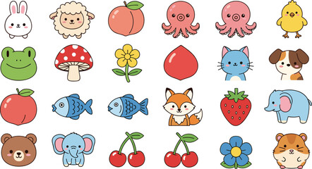 Collection of cute kawaii icons including various animals fruits and flowers like sheep octopus frog fox elephant strawberry and cherry isolated on white. © Aminul