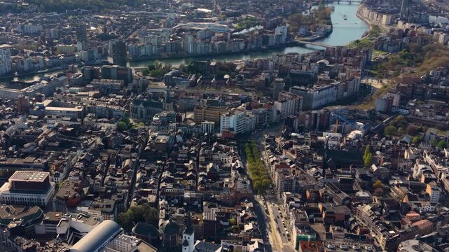 A panoramic Aerial view of the city Liege in Belgium, on a sunny spring morning