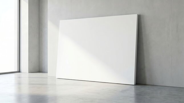 Large white canvas leaning against a gray wall indoors