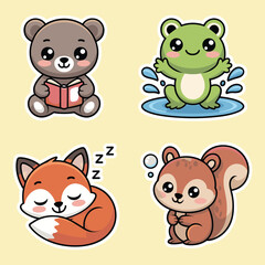 Fototapeta premium Bear reading a book, frog splashing in a puddle, fox sleeping peacefully, and squirrel sitting are depicted as a set of four distinct cartoon animal stickers isolated against a light background.