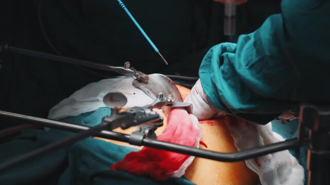 Real abdominal surgery in operating room, surgeons performing organ transplantation procedure on patient during operation in modern hospital, close up of surgical process and medical instruments