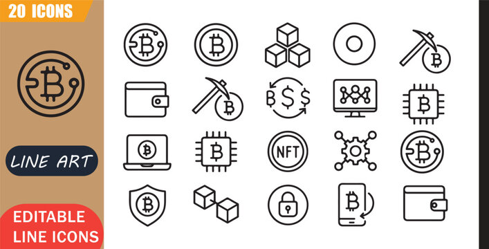crypto bitcoin icons set, 20 editable line art icons set, blockchain token wallet mining exchange digital currency nft decentralized, crypto trading finance tools, minimal clean outline vector