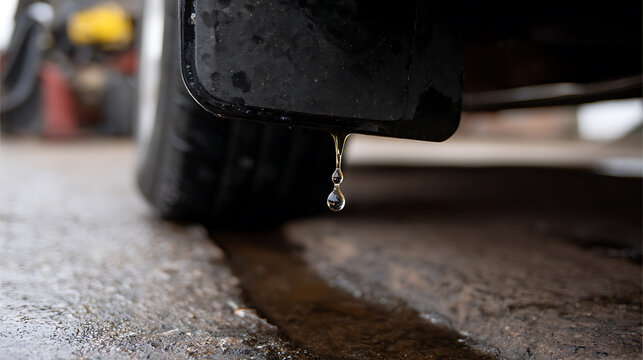 Clear water droplet detaching from a dark vehicle component above a wet, textured concrete surface, creating a trail of liquid