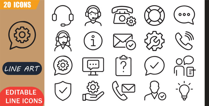 Customer support icons set, 20 editable line art icons set, helpdesk service feedback review rating contact assist solution, support service tools, minimal clean outline vector, helpdesk, service