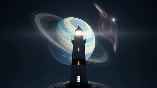 Futuristic lighthouse with cosmic galaxy waves and aurora lighting at night