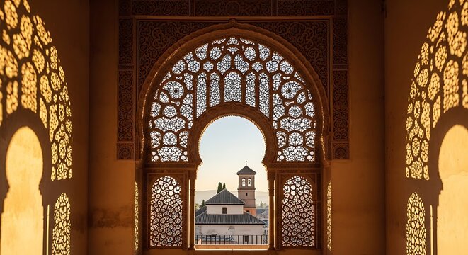 Ornate Moorish Archway Framing Courtyard View in Warm Historic Palace Interior