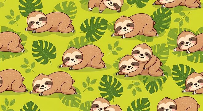 Cute Cartoon Sloth Pattern Resting Among Tropical Leaves on Green Background