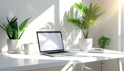 Fototapeta premium Modern workspace with laptop plants and coffee cup sunlight and shadows
