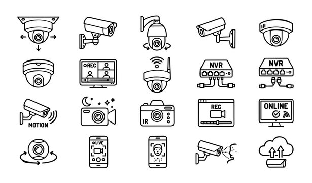 Security camera icon set featuring surveillance cctv systems dome bullet cameras video doorbells recording equipment and smart home monitoring symbols