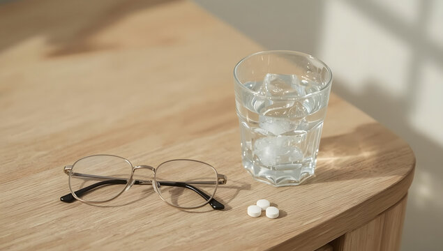 Spectacles and pills beside a glass of water. Morning routine.
