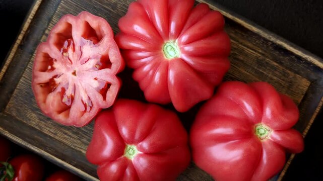 Fresh pink heirloom ribbed tomatoes as an ingredient for a lunch salad. Ribbed heirloom tomatoes as a background for your design