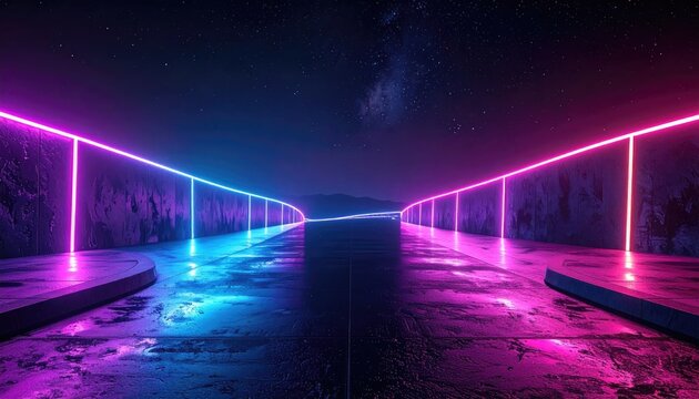 Neon illuminated pathway leading toward a starry night sky abstract design