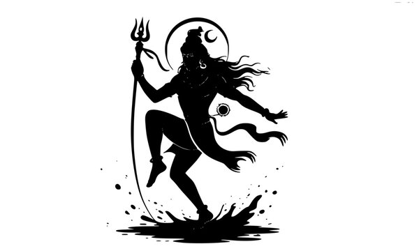 Dynamic black silhouette of Lord Shiva dancing Tandav with trishul and halo, ideal for Hindu religious art, Shivratri festival posters, and spiritual tattoo designs