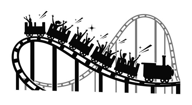 Roller coaster with excited passengers on a track black and white silhouette high quality professional detailed modern elegant stylish clean crisp