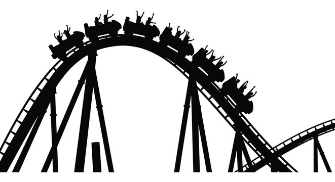Roller coaster train on looping track amusement park ride in black silhouette high quality professional detailed modern elegant stylish clean crisp